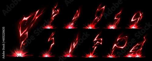 Thunder lightning vector electric power effect isolated on black background. Red spark blast vfx illustration. Flash lightening explosion magical spell attack. Energy discharge neon thunderstorm