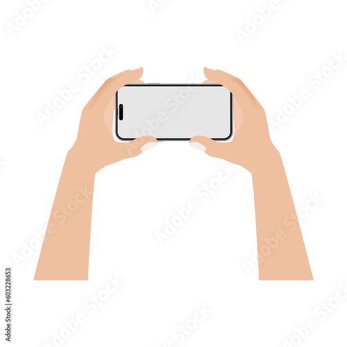 Two hands holding phone horizontally. Mobile gaming concept. Front view, Flat cartoon, vector.