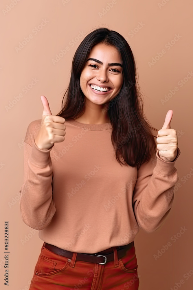 A cheerful Asian woman showing thumbs up on a beige background. Generative AI A cheerful Asian woman showing thumbs up on a beige background. Generative AI