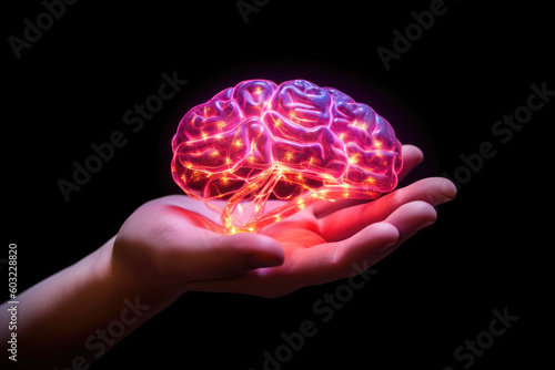 Illustration of a hand holding a glowing brain on a dark background. Generative AI