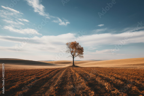 Beautiful autumn landscape with a lonely tree on the field. Generative AI