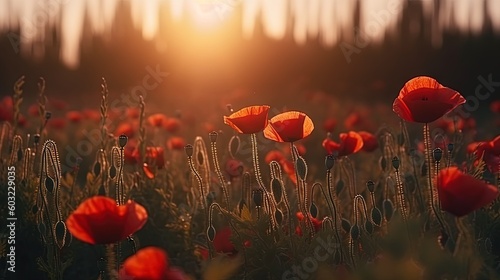  a field full of red flowers with the sun in the background. generative ai