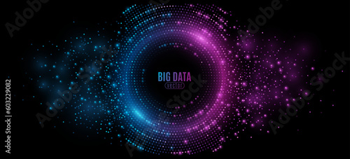 Futuristic digital circles of blue and purple glowing dots. Information particles in a neural network. Big data visualization into cyberspace. Vector illustration.