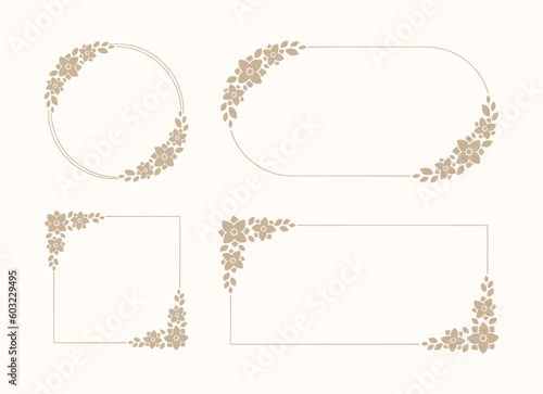 Set of elegant floral frame and borders. Boho line wedding flowers, leaves for invitation save the date card. Botanical aesthetic rustic trendy greenery design vector illustration.