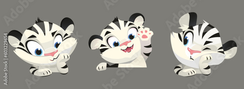 Cartoon set of white tiger cubs isolated on background. Vector illustration of cute baby animal character smiling, waving hello with paw, unhappy. Funny mascot for zoo or school design. Year symbol