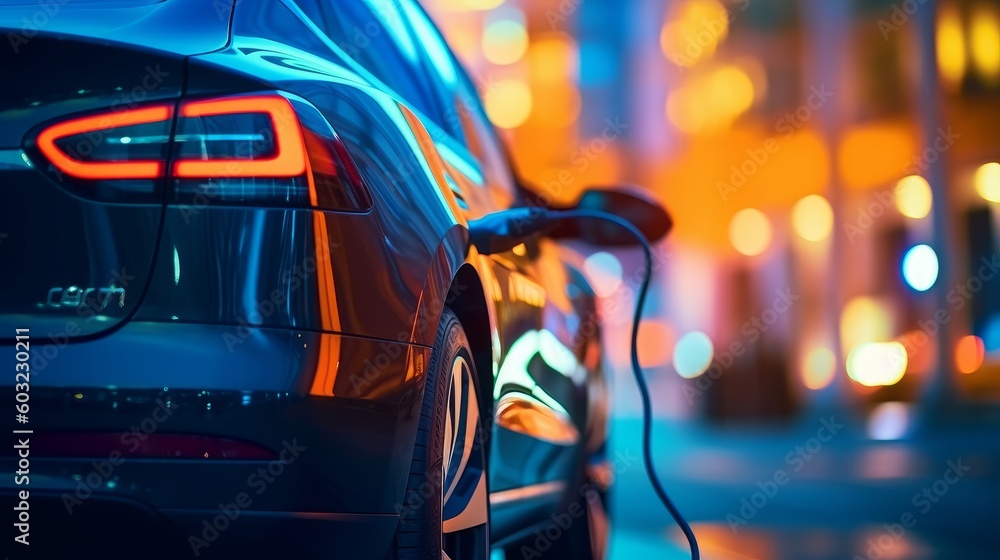 Electric car connected to a charging station. Generative AI Electric car connected to a charging station. Generative AI
