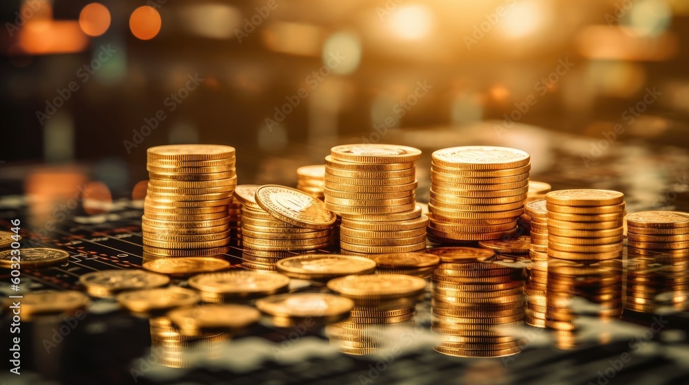 Hedge against inflation, savings and investment concept, stacks of gold coins on a desk, warm lighting. Generated with the use of an AI. Hedge against inflation, savings and investment concept, stacks of gold coins on a desk, warm lighting. Generated with the use of an AI.