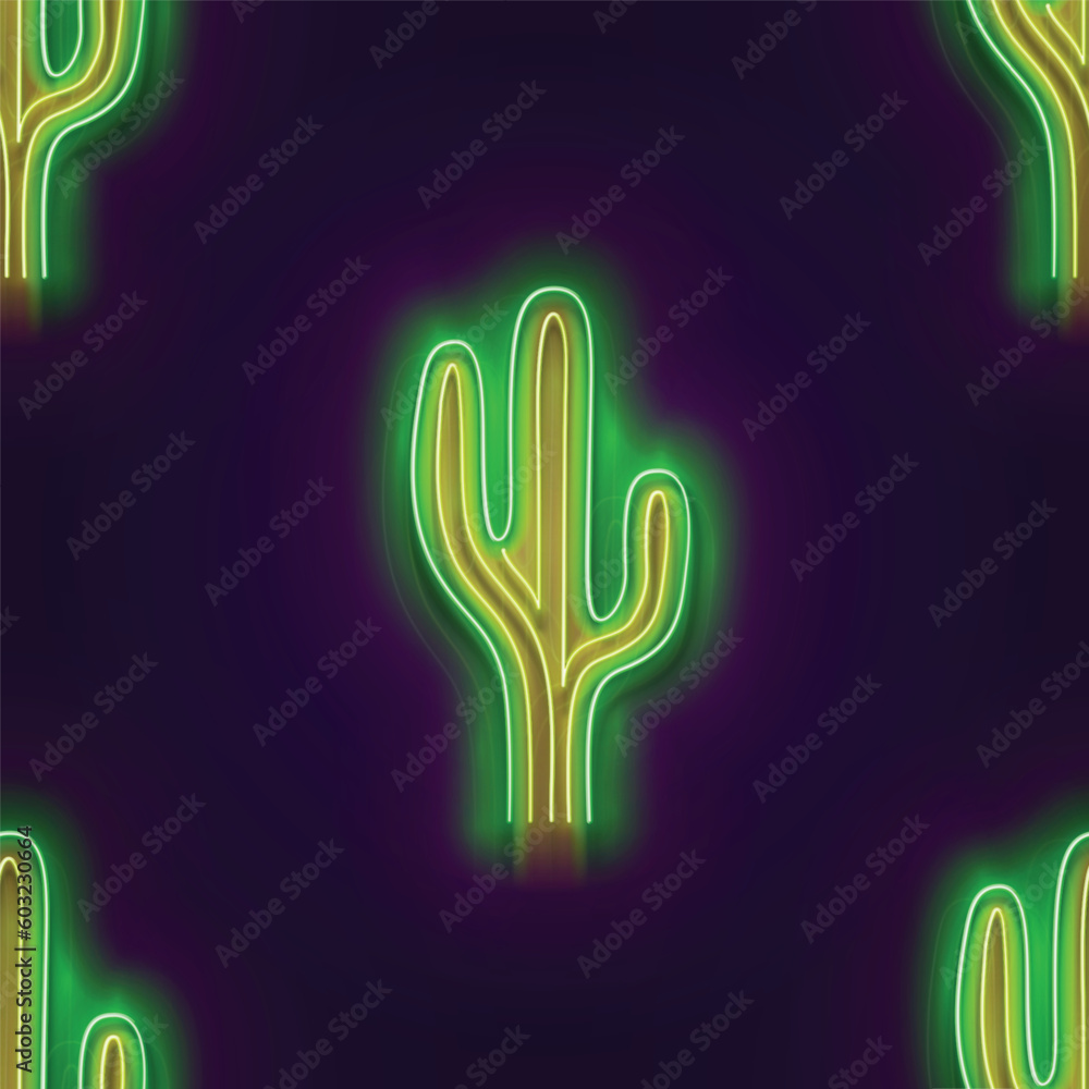 Naklejka premium Seamless pattern with glow Mexican cactus. Desert plant. Neon Light Texture, Signboard. Glossy Background. Vector 3d Illustration 