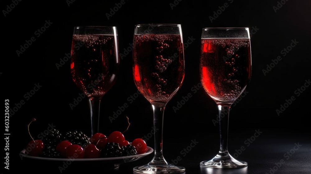 three glasses of wine and a plate of fruit on a table. generative ai three glasses of wine and a plate of fruit on a table. generative ai