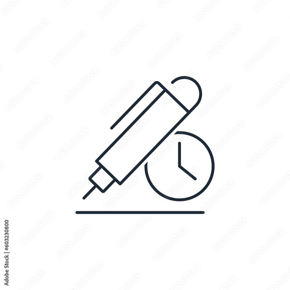 A writing pen and a running clock sign.Data completion time. To make a request,application. Vector linear icon isolated on white background. A writing pen and a running clock sign.Data completion time. To make a request,application. Vector linear icon isolated on white background.
