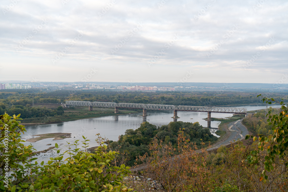 Ufa, Russia. Demsky railway bridge across the Belaya River. Autumn