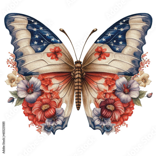  Butterfly in watercolor for 4th of July American independence day with AI generated photo