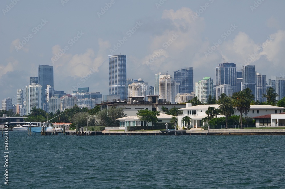 city skyline and Upscale homes on Dilido Island in `Miami Beach,Florida