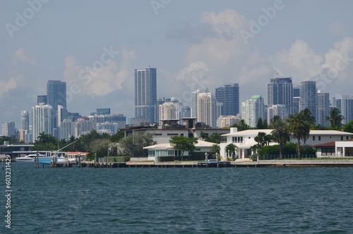city skyline and Upscale homes on Dilido Island in  Miami Beach Florida