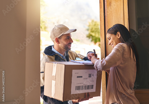 Принти на полотні Signature, woman and courier with a box, delivery and distribution with a box, service and professional