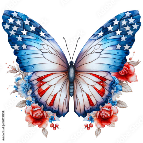  Butterfly in watercolor for 4th of July American independence day with AI generated photo