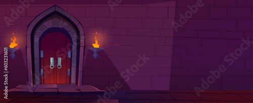 Castle dungeon brick wall cartoon background for game. Dark ancient fantasy palace corridor interior illustration underground scene. Tower indoor doorway to knock with torch fire light scene.