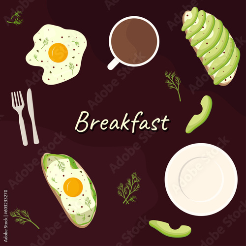 Set of icons, poster, banner with breakfast, toasts, fried eggs, avocado, plate and cup of coffee