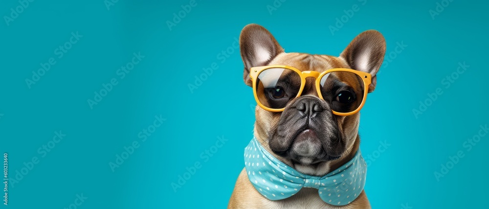 Fototapeta premium Cute dog in sunglasses with blue background. Generative AI