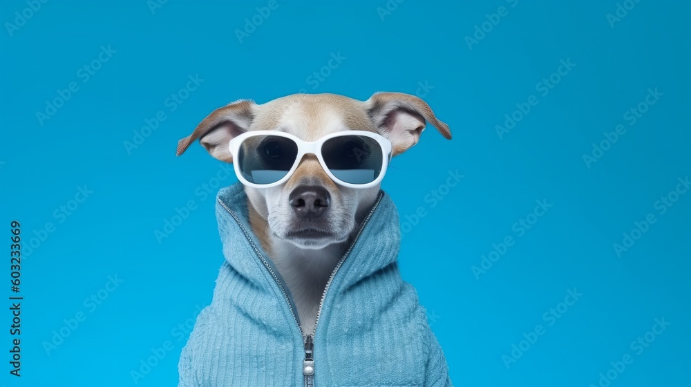 Cute dog in sunglasses with blue background. Generative AI