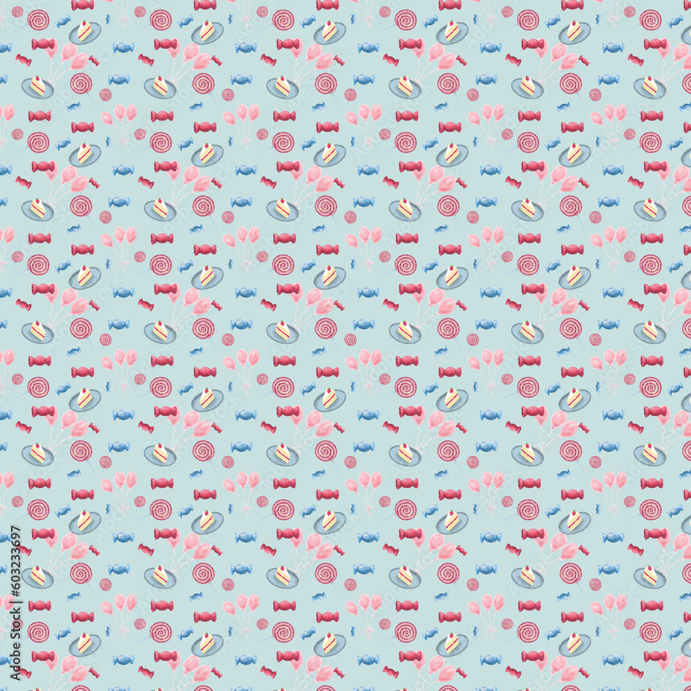 Seamless cute childish pattern of balloons, cake, and candies on a blue background; for printing on fabric, for wrappers, wallpapers, postcards. Seamless cute childish pattern of balloons, cake, and candies on a blue background; for printing on fabric, for wrappers, wallpapers, postcards.