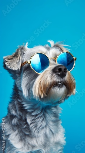 Cute dog in sunglasses with blue background. Generative AI © ColdFire