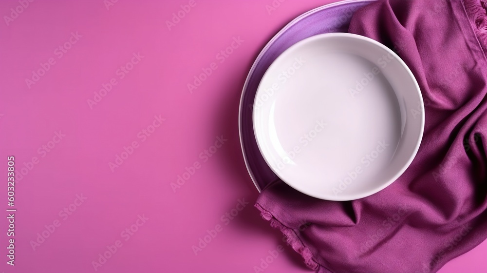 a white plate with a purple cloth on a pink background. generative ai a white plate with a purple cloth on a pink background. generative ai