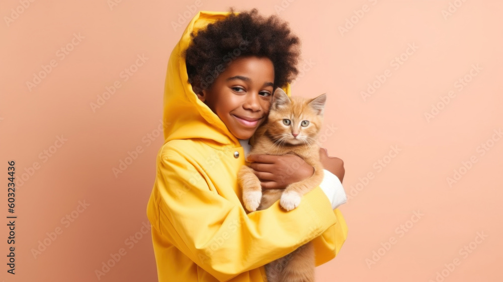 A cute little afro boy wearing yellow raincoat and his beloved cat share a tender moment. Generative AI A cute little afro boy wearing yellow raincoat and his beloved cat share a tender moment. Generative AI