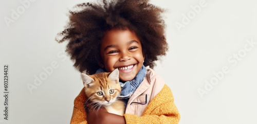 A cute afro child embracing his pet cat radiates from this endearing studio photo. Generative AI
