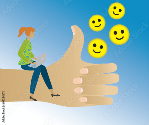 Work happiness and appreciation, or job satisfaction, passion or enjoyment working, employee wellbeing concept, happy businesswoman working with computer on thumbs up. Vector illustration