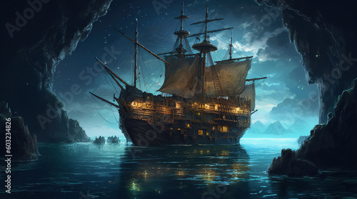 ship at night. Generative Ai
