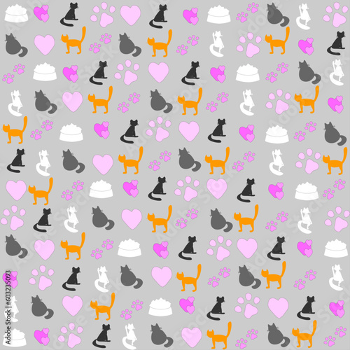 Fototapeta Naklejka Na Ścianę i Meble -  Colorful set of cute cats vector. Pet shop vector seamless pattern with icons of cat, food bowl, animal paw, heart. Colorful background for pet shop, veterinary clinic, pet store, zoo, shelter