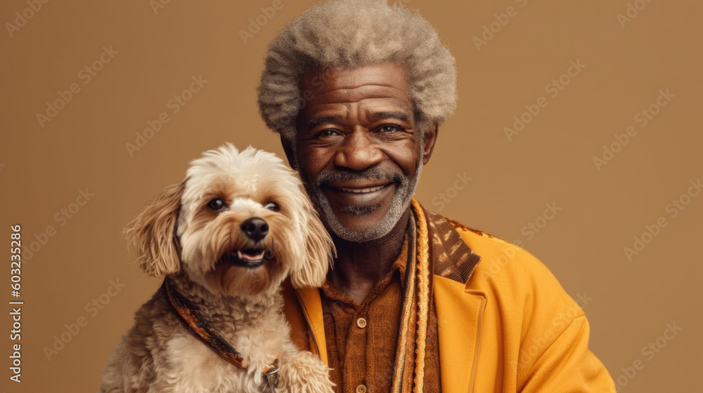 A happy modern afro senior man hugs his pet dog against a yellow background. Generative AI A happy modern afro senior man hugs his pet dog against a yellow background. Generative AI