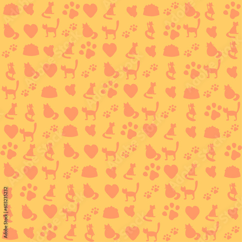 Light yellow red set of cute cats vector. Pet shop vector seamless pattern with icons of cat, food bowl, animal paw, heart. Background for pet shop, veterinary clinic, pet store, zoo, shelter