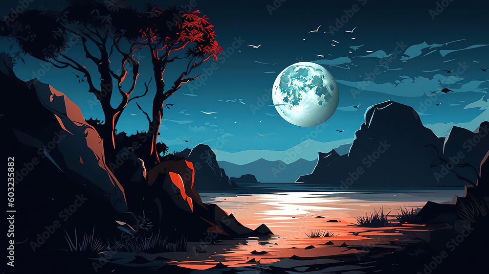 landscape with mountains and moon. Generative Ai