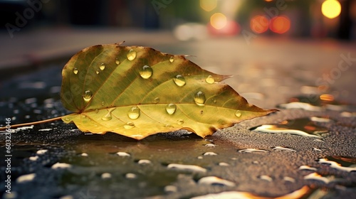 Raindrops delicately glisten on the leaves and pavement  a mesmerizing play of light and reflections unfolds. Generative AI
