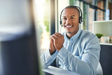 Call center, customer service and happy black man on computer for consulting, help and advice. Telemarketing, communication and male consultant smile for contact, crm support and networking in office