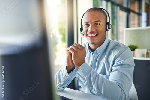 Call center, customer service and happy black man on computer for consulting, help and advice. Telemarketing, communication and male consultant smile for contact, crm support and networking in office