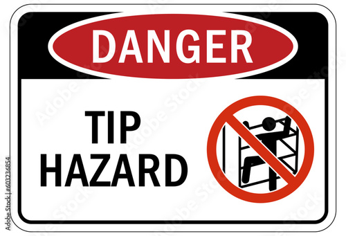 Tip over hazard sign and labels