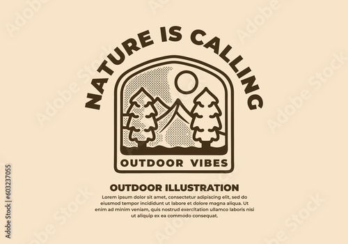 Outdoor badge design of mountain and pine trees