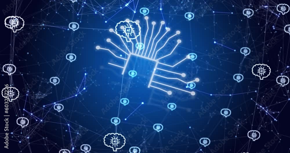 Animation of ai data processing over connections with icons Animation of ai data processing over connections with icons