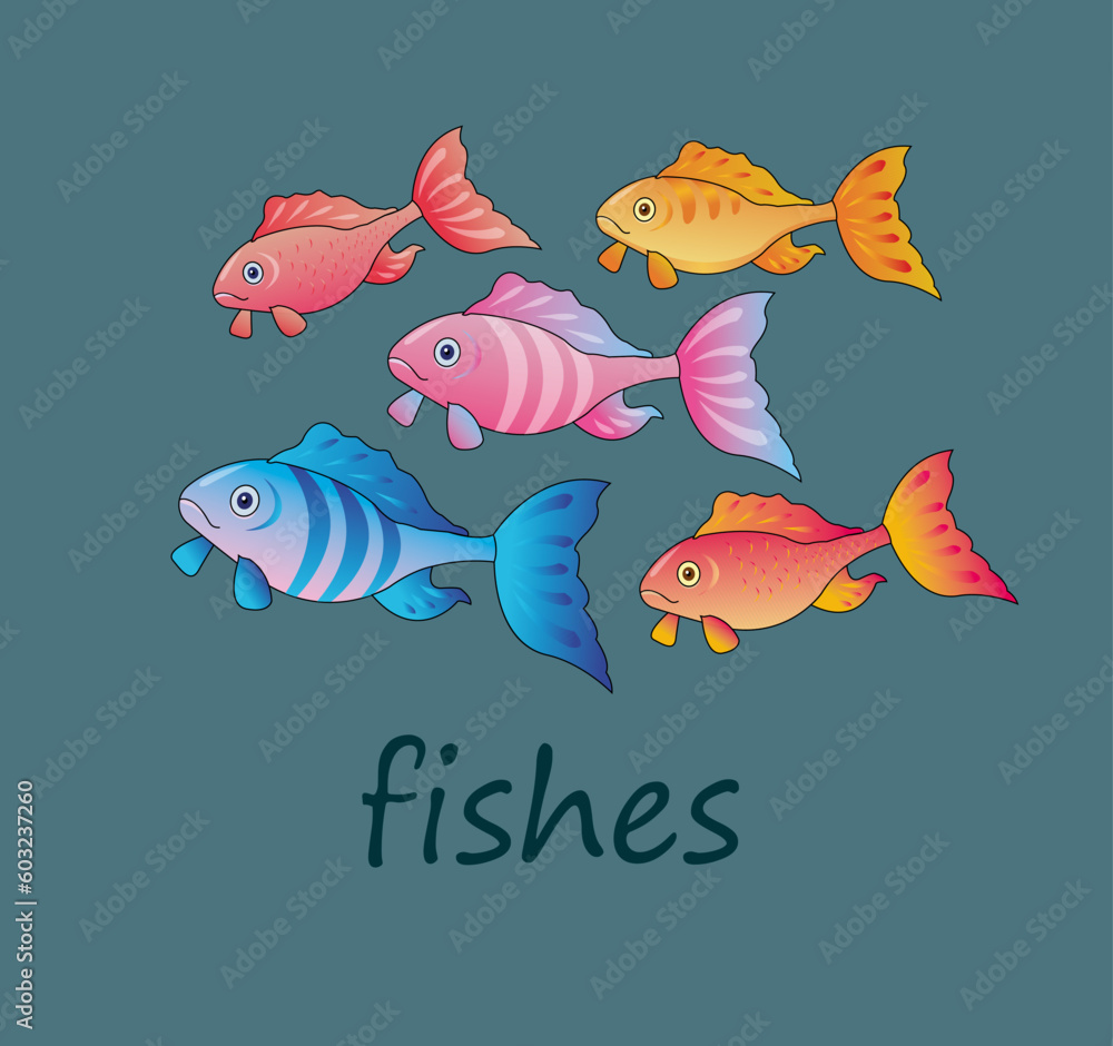 Fototapeta premium five colorful sea fish on a dark blue background
