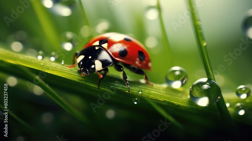 Ladybug sitting on a blade of grass after rain. Generative AI