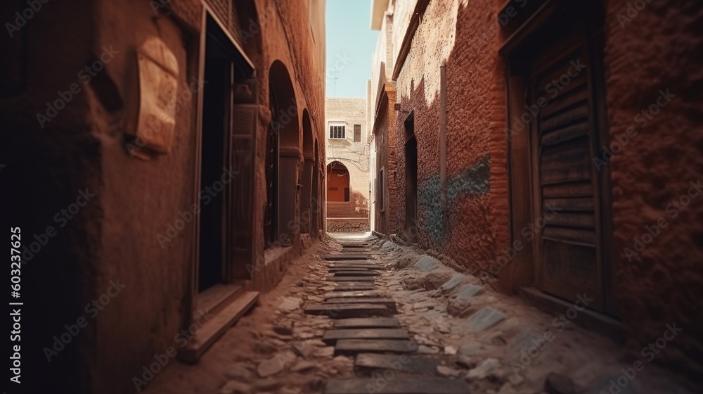  a narrow alley way with a brick building in the background.  generative ai