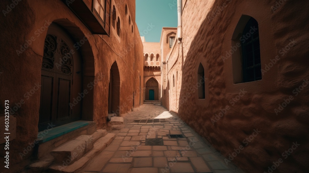  a narrow alley way with a stone walkway between two buildings.  generative ai