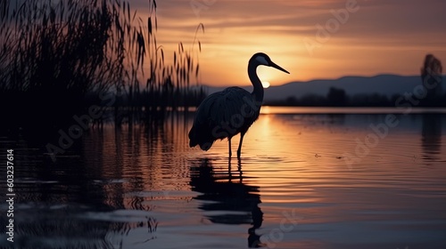  a large bird standing in the water at sunset or dawn.  generative ai