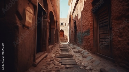  a narrow alley way with a brick building in the background.  generative ai