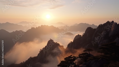  the sun is setting over a mountain range with fog in the air. generative ai