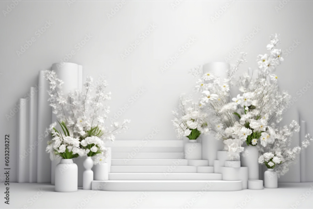 Flowers 3D render of empty podium isolated on White background abstract for display product. Generative Ai. Flowers 3D render of empty podium isolated on White background abstract for display product. Generative Ai.