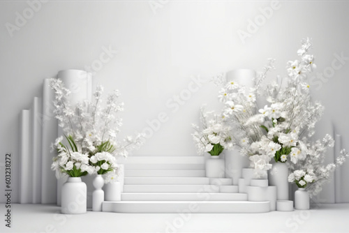 Flowers 3D render of empty podium isolated on White background abstract for display product. Generative Ai.